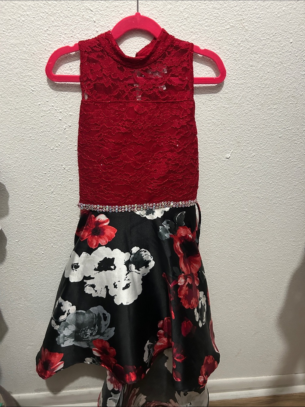 Speechless Red Lace Bodice Floral High-Low Dress with Jeweled Waist